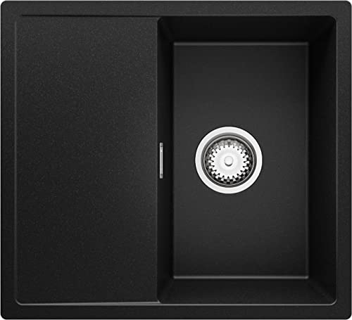 Evier Cuisine en Granit Noir, 55 x 50 cm, Lavabo 1 bac + Kit de Vidage, Évier à Encastrer de Primagran Cover