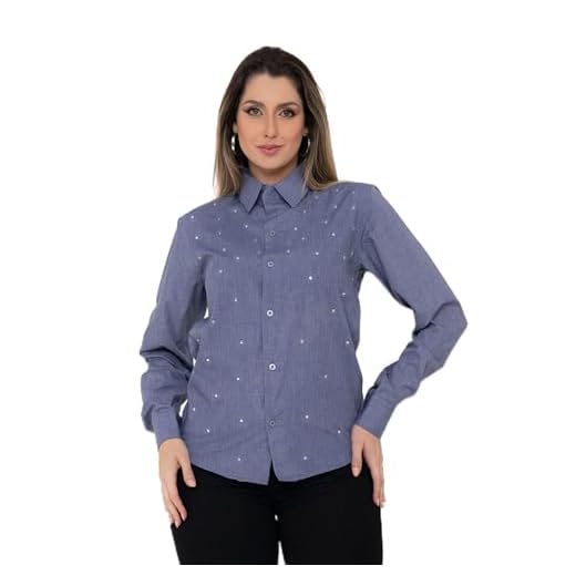 Pthirillo, Camisa Social Feminina Premium Tipo Linho Azul Cobalto com Strass Tamanho:XGG;Gênero:feminino;Cor:azul cobalto