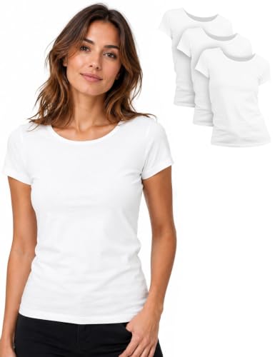 Basic Treasure 3er Pack Tshirt Damen Weiß, Kurzarm, 100% Baumwolle, L