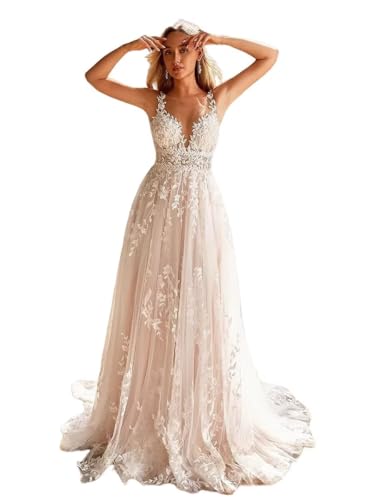 A Line Wedding Dresses for Women Plus Size V Neck...