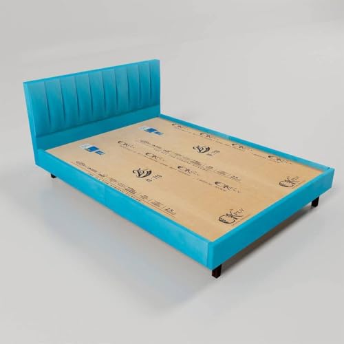 Image of Wooden Modern Upholstered Queen Size Bed for Bedroom | Wooden Double Bed Without Storage | Platform Cot Upholstered Bed with Upholstery Fabric | Engineered Wood | 6.5 x 5 Ft | Velvet Blue