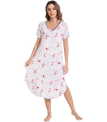Image of NACHILA Nightgowns for Women-Viscose Made from Bamboo, V Neck Sleepshirts Short Sleeve Sleepwear Cool Nightshirt