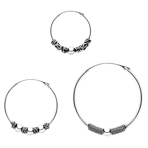 ENTREPLATA Set de 3 Aros Bali Plata 925 – Pendientes Criollas Étnicas Unisex de 16, 20 y 25 mm – Joyas Tribales Artesanales Hechas a Mano – Plata de Ley Certificada