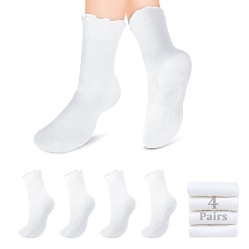 Image of Pilates Socks with Grips for Women, 4 Pairs White Pilates Grips Socks Yoga Socks for Women Non Slip, Barefoot, Dance, Workout, Hospital Socks