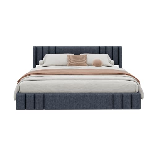 Image of Harper & Bright Designs King Size Low Platform Bed with Upholstered Headboard and Wooden Slats Support for Bedroom, Gray
