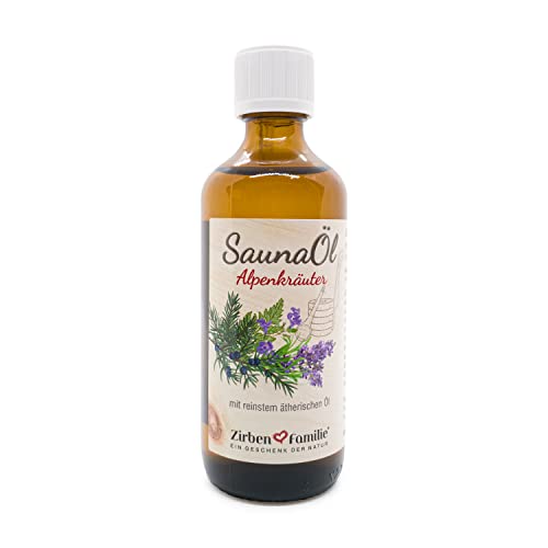 Zirben Familie - bekannt aus dem Fachhandel & der Hotellerie • SaunaÖl Alpenkräuter (100ml) für Saunaaufguss mit Kräuterwiese und Wald Aroma • Sauna Aufgussmittel mit ätherischen Ölen… Cover