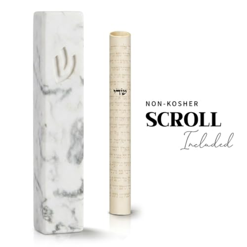 Image of SURI Mezuzah for Door - 6 Inch Marble Cream Concrete Mezuzah Case with Non Kosher Scroll, Self-Stick Jewish Entry Design, Fits a 5 Inch Scroll, Gift Box Included