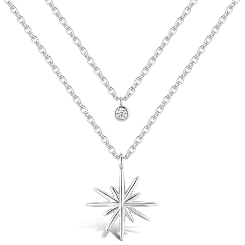 ALEXCRAFT Double Colliers Femme Argent, Pendentif Étoile, Chaîne Choker avec Zircone, Ensemble Multirang Collier Superposés Réglables, Acier Chirurgical, Bohème,...