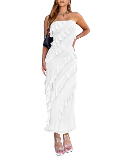 BTFBM Women Summer Elegant Strapless Midi Ruched Bodycon Dress Solid Color Stretch Mesh Slim Party Cocktail Dresses