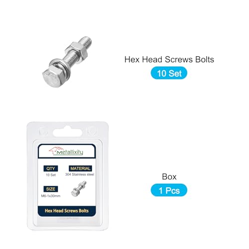 Image of METALLIXITY Hex Head Screws Bolts, Nuts, Flat & Lock Washers Kits (M6-1x30mm) 10 Set, Stainless Steel Fully Threaded Machine Screws Bolt Set - for Home Appliance Equipment