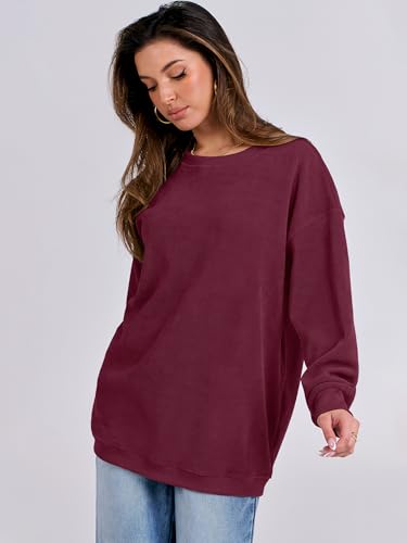 Caracilia Womens Oversized Sweatshirt Sweater Crewneck Long Sleeve Ribbed Corduroy Casual Pullover 2024 Fall Fashion Clothes Wine Red Small thumb #4