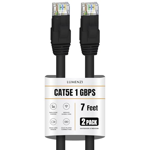 Lumenzi Cat 5e Ethernet Cable 7 FT in Black 2 Pack 1 Gbps Speed Network Round Rj45 Outdoor Indoor Direct Burial Bare Copper LAN Patch Cable for Router Gaming PS5 Xbox Printer Computer CCTV Switch