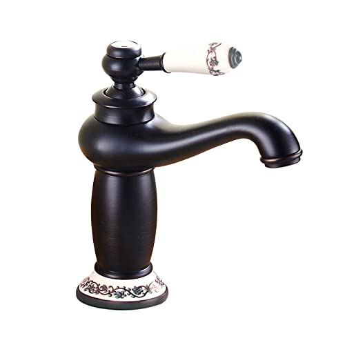 NURUGURE Bathroom Basin Faucet, Antique Bronze Gold Bronze Brass Bathroom Basin Faucet Single Handle Hot Cold Mixer Tap for Vanity Sink
