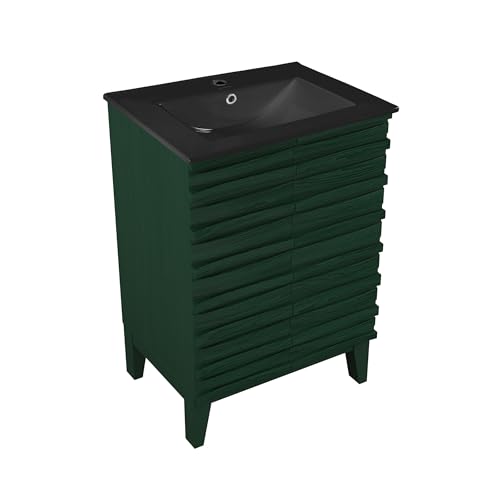 Image of Swiss Madison Cascade 24 inch Freestanding Bathroom Vanity in Green Oak with Black Sink Top
