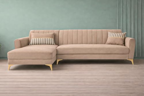 Image of Adorn India Premium Luster 6 Seater L Shape Sofa Set | Velvet Suede Fabric | 3-Year Warranty | LHS |Color Beige with Golden Legs & Striped Pattern Cushion