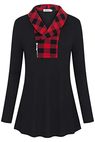 Ninedaily Women's Plaid Tops Zipper Sweatshirts Long Sleeve Shawl Collar Tunic Blouses,Christmas Black and Red Gingham Shirts,Size XXL
