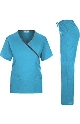 MedPro Women's Medical Scrub Set Mock Wrap and Cargo Turquoise S