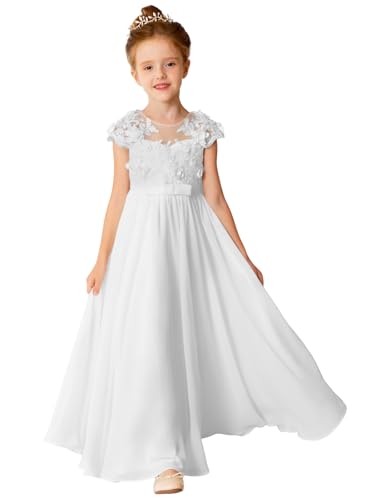 Chiffon Lace Flower Girl Dresses for Wedding White A-Line Cap Sleeve Long Junior Bridesmaid Brithday Party Gown