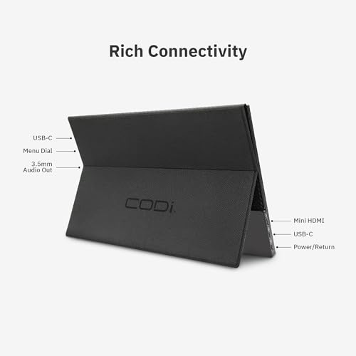 Image of CODi 16 inch Portable USB-C Monitor - Full HD Display, HDR, Built-in Speakers, Mini HDMI, Dual USB-C, Slim Design, Freesync - External Monitor for Laptop, Mac, PC, Xbox, PS5, Switch