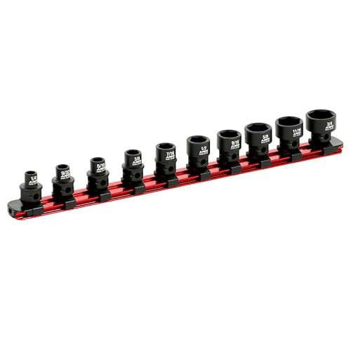 Image of ARES 29019 10-Pc 3 /8in SAE Nano Sockets, Low Profile, w /Rail | Impact grade sockets offer greater clearance than typical shallow sockets