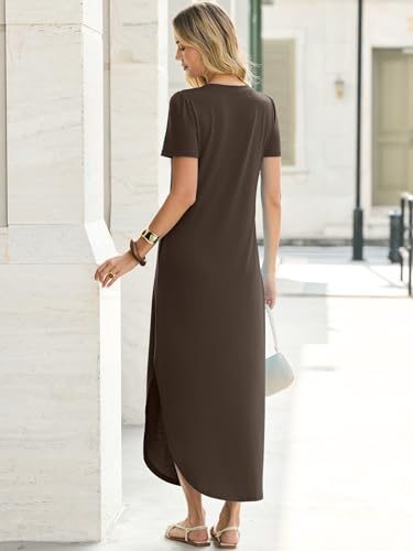 ANRABESS Women’s Summer Maxi Dress V Neck Short Sleeve Slit Side Shirt Dress Loose Fit Travel Beach Dress with Pockets Brown Medium — view 4