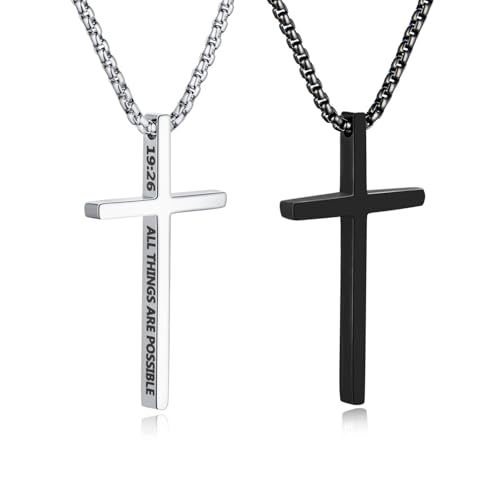 2 Pcs Cross Necklace for Men, Silver Black Stainless Steel Bible Verse Cross Pendant Necklace for Men, 2.5mm Box Chain