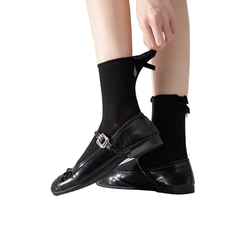 Image of Women's Cute Ankle Ruffle Socks with Bow, Soft Breathable Cotton Lace Bow Ribbed Design Socks, 5 Pairs, Size 5-10