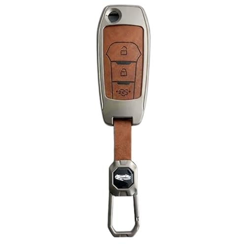 Image of Metal Leather Brown Key Cover Compatible for Ford - Figo, Aspire, Endeavour (3 Button Flip Key)