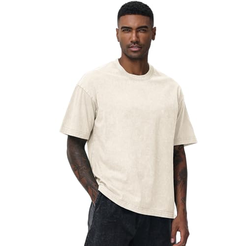 Image of Men's Oversized Cotton T-Shirts Loose Fit Vintage Washed Tee Unisex Short Sleeve Casual Shirts Tops