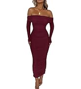 PRETTYGARDEN Women's Fall Off The Shoulder Maxi Dress Spring Long Sleeve Ruched Fitted Bodycon Cl...