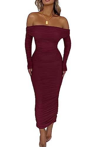 PRETTYGARDEN Women's Fall Off The Shoulder Maxi Dress Spring Long Sleeve Ruched Fitted Bodycon Club Dresses with Slit