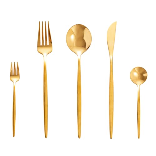SWISON Juego de cubiertos dorado completas para 6 personas, Set cubertería oro acero inoxidable 30 piezas con cuchillo tenedor y cuchara, Diseñar ligero