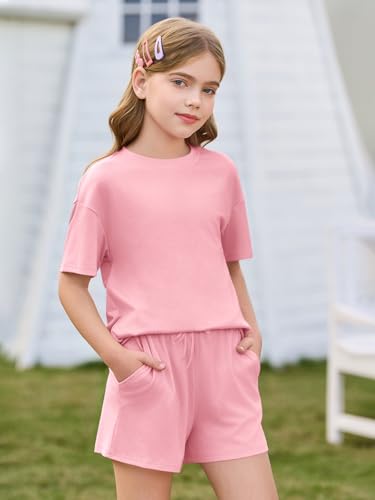 Image of Haloumoning Girls Summer 2 Piece Outfits Kids Oversized T Shirts and Shorts Clothing Sets 5-14 Years