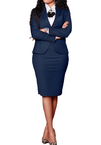 Seltaon Women's 2 Piece Suit Skirt Set Business Office Work Outfit Blazer Jackets Midi Pencil Skirt Suits Plus Size