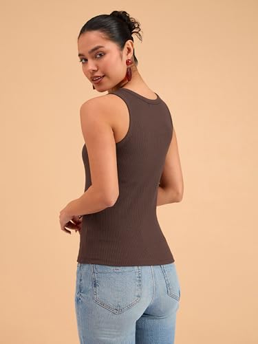 Image of barcino Beige Ribbed Round Neck Tank Top