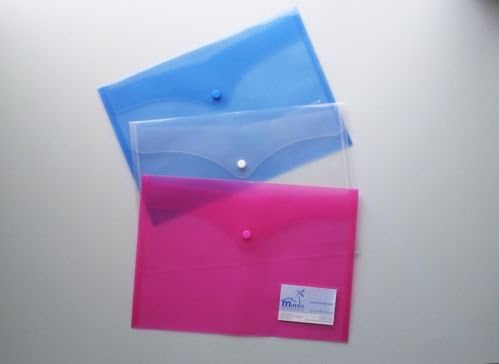 A4 Plastic Document Wallets File Folder with Card Holder with Press Stud Closure (Pack of 3) - Blue