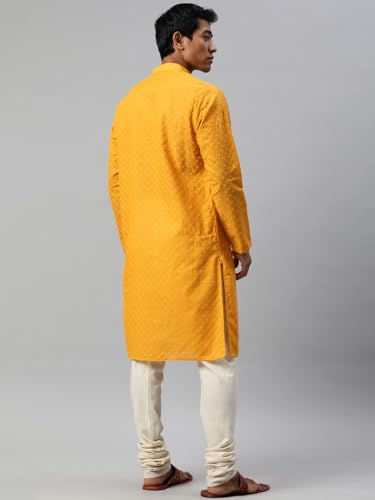 Image of Majestic Man Men's Cotton Blend Regular Fit Casual Polyester Mandarin Collar Ethnic Motifs Embroidered Long Regular Kurta