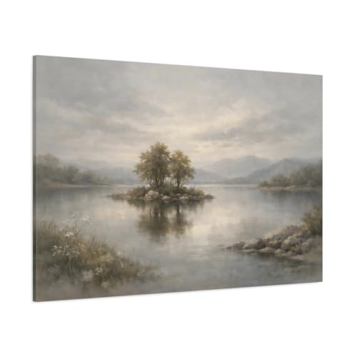 Tableau paysage brumeux lac et île nature toile xxl 120x80cm