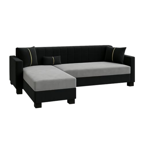 Image of SOCOZI Alveria 4 Seater LHS L Shape Sofa Set | Soft Velvet Suede Fabric | Modern Design | Plush Comfort Cushions for Living Room (Light Grey-Black)