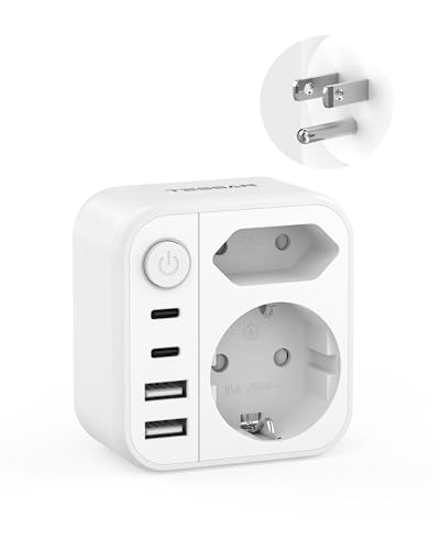 TESSAN Adaptateur Prise USA avec 1 Interrupteur, Adaptateur Prise Americaine avec 2 USB C et 2 USB A, Prise USA pour la France vers Les États Unis, Mexique,...