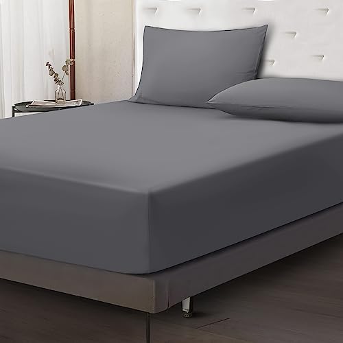 Moonlight Bedding Double Fitted Sheet 40 Cm Extra Deep Pocket Grey Bed Sheets 16 inch Ultra Soft Bottom Sheet Brushed Microfiber Breathable Shrinkage and Fade Resistant