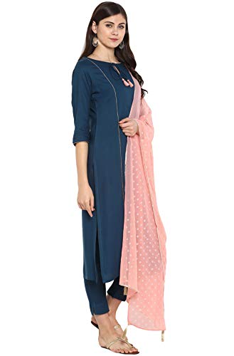 Image of Janasya Women's Turquoise Blue Rayon Kurta With Pant And Dupatta