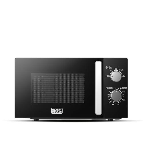 BLACK+DECKER Microwave Oven 20L 700W 5 Power Levels Defrost Function 35-Min Timer 255mm Glass Turntable for Even Cooking Easy-Clean Cavity Stylish Chrome Knobs Black MZ2005P-B5