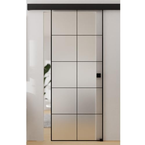 HORI Glasschiebetür Loft Design – ESG-Sicherheitsglas Milchglas ohne Bohrungen – Glastür zum schieben - Raumtrenner für Innenräume ohne Zubehör - Lofttür ohne Beschläge 2058 x 935 mm I ohne