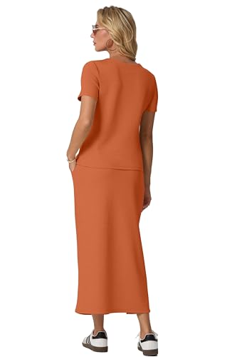 Image of GRECERELLE Women Summer Casual 2 Piece Sets V-Neck Wrinkle-Free Top & Elastic Waist Midi Side Slit Skirt with Pockets