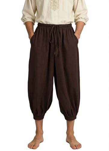Mens Medieval Pirate Pants Linen Renaissance Viking Costume Trousers Baggy Harem Linen Pants for Cosplay-Brown