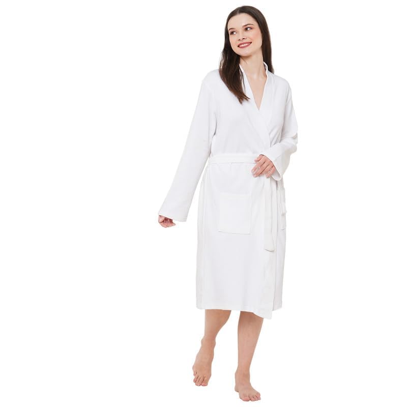 Image of Inner Sense Organic Cotton Bathrobe For Women I V Neck, Relaxed Fit and Knee Length I Soft, Comfortable, Adjustable Waist Belts I White Bath Dress For Women