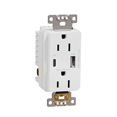 Square D X Series USB-A, USB-C, and 125 Volt Duplex Decorator Tamper Resistant Electrical Outlet, 15 Amp, Matte White