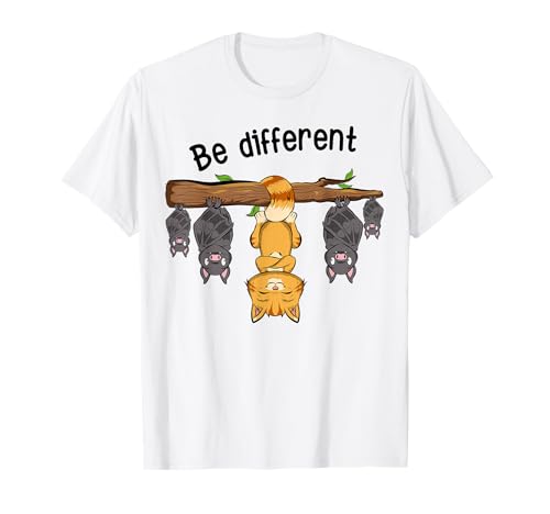 Witzige Motivation Spruch Geschenk Designs Be Different Shirt lustiges Fledermäuse und Katze T-Shirt für Katzenliebhaber, Unisex Erwachsene, Weiß, Small, Kurzarm