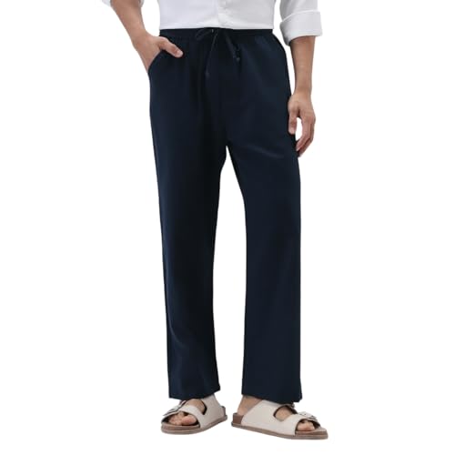 Image of Urbano Fashion Men's Loose Fit Solid Linen Blend Trousers Non-Stretchable